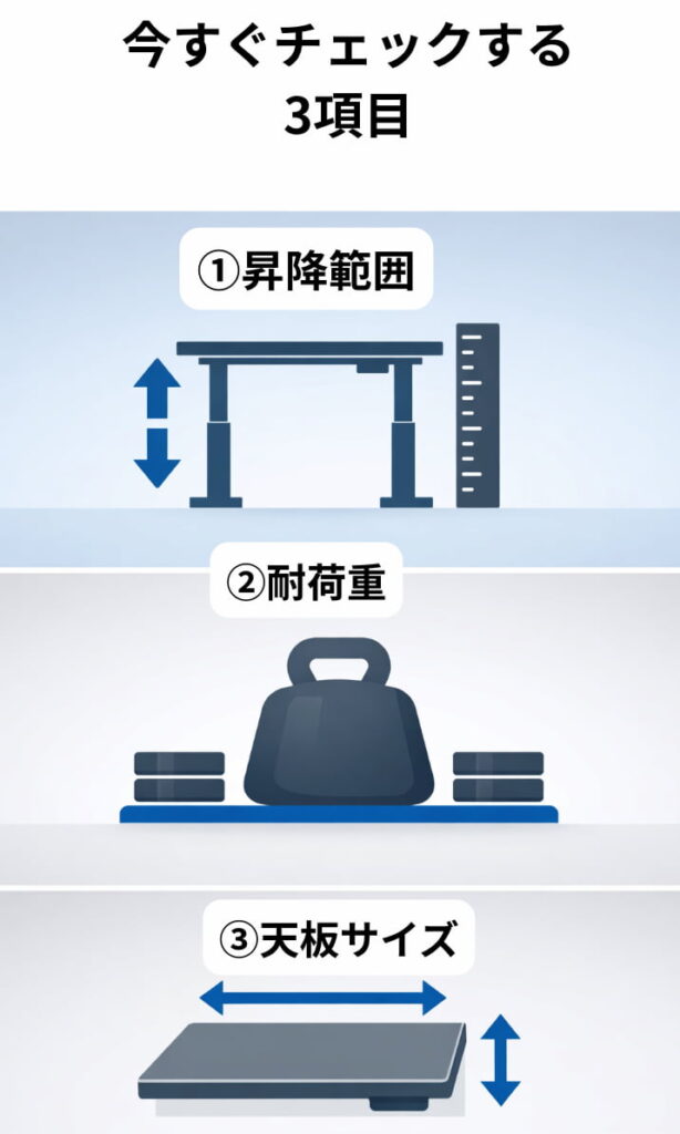 電動昇降デスク選びで失敗しないための3つの基準（昇降範囲・耐荷重・天板サイズ）をまとめた図解。